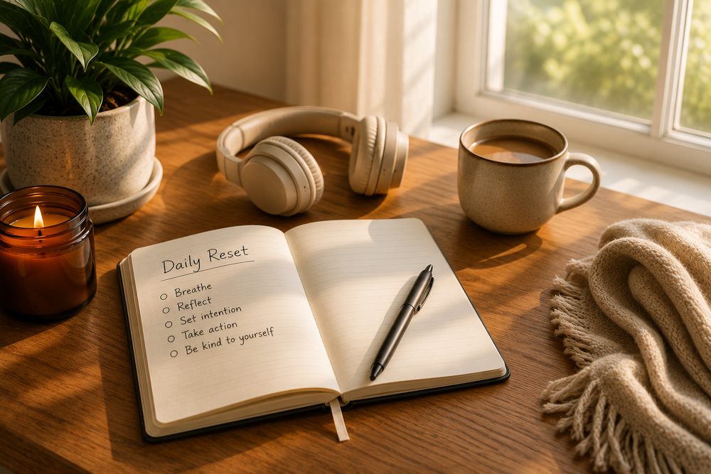 A calm desk with a journal, headphones, candle, and soft morning light, representing a simple daily reset routine.