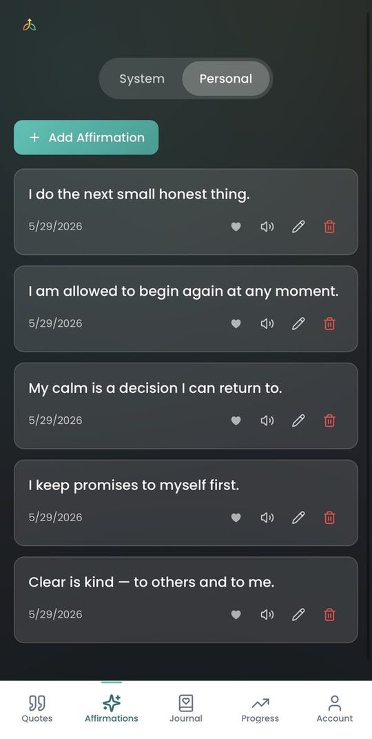 EVERLIFT personal affirmations screen with space to write your own.