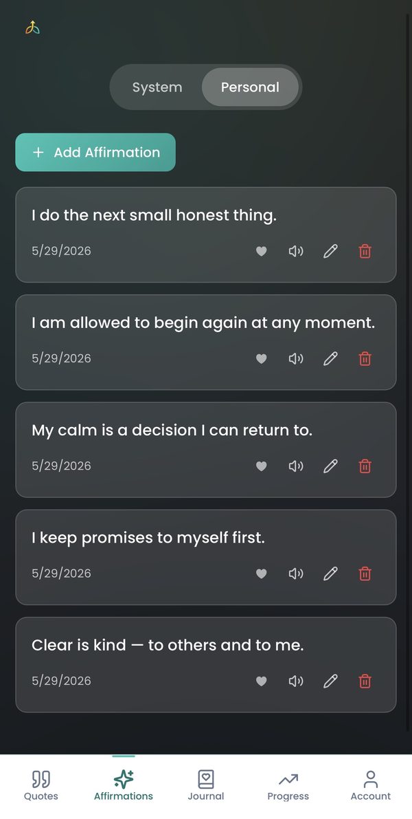 Everlift personal affirmations screen